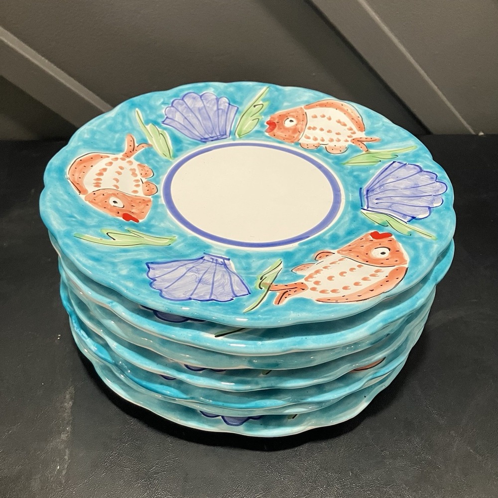 La Musa Italy Set of 7 Hand Painted Fish Seashell Ceramic Dinner Plates Coastal